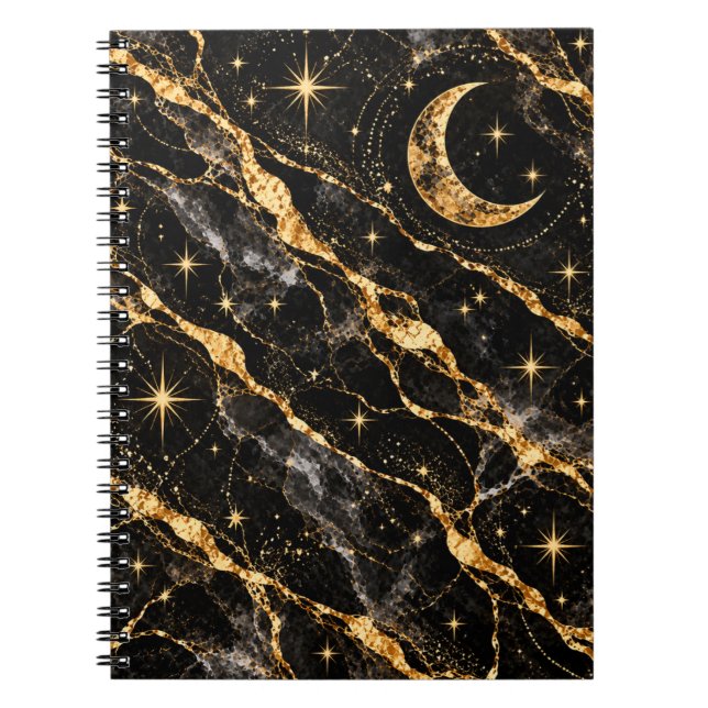 Caderno Espiral Lua Celestial e Estrelas Preto Ouro (Frente)