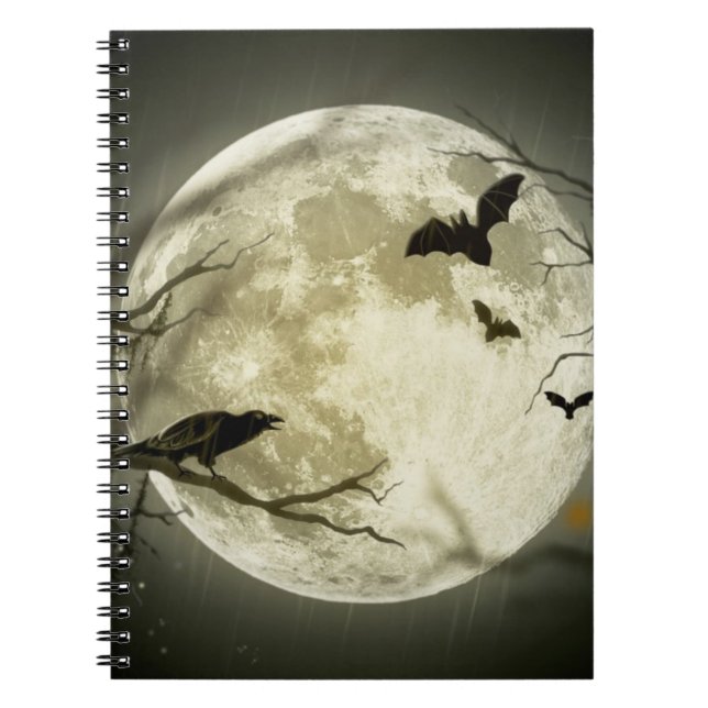 Caderno Espiral Lua cheia com morcegos e Raven (Frente)