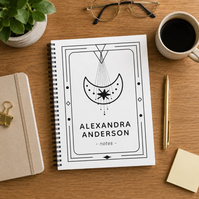 Caderno Espiral Lua Crescente Celestial Emoldurada Geométrica Bran (Geometric Framed Celestial Crescent Moon White Notebook)