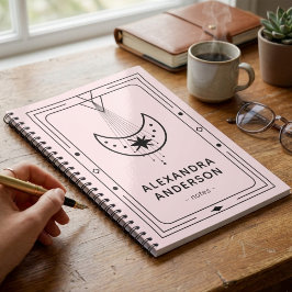 Caderno Espiral Lua Crescente Estelar Celestial Moldura Rosa