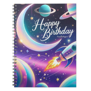 Caderno Espiral Lua de aniversário feliz da Galáxia, estrelas