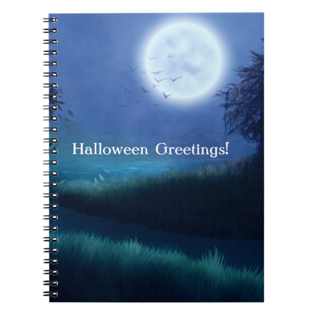 Caderno Espiral Lua de Halloween à noite em tons de azul e verde (Frente)