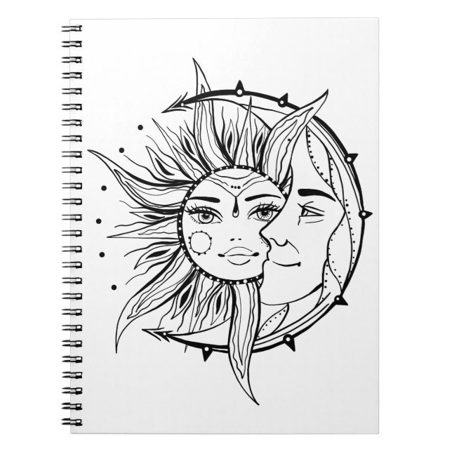 Caderno Espiral Lua e sol. Ilustração de tatuagem de estilo Vintag (Frente)