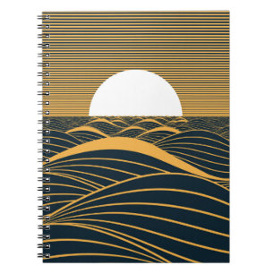 Caderno Espiral Lua-sol estilizada, ilustração do mar escuro.