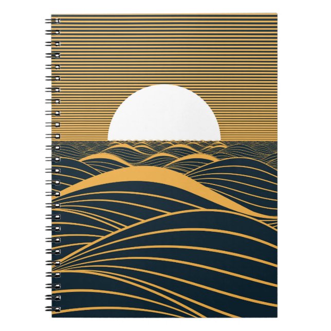 Caderno Espiral Lua-sol estilizada, ilustração do mar escuro. (Frente)