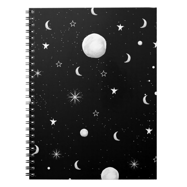 Caderno Espiral Luas e Estrelas Negras e Brancas (Frente)