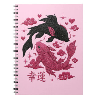 Caderno Espiral Lucky Koi Yin-Yang Embroidery | Black & Pink Aesth