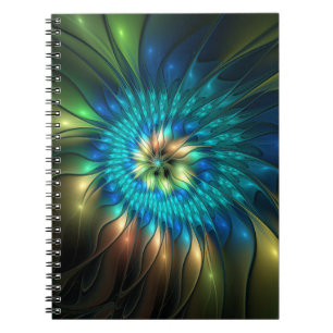 Caderno Espiral Luminosa Fantasia Flor, Colorida Abstrato Fractal
