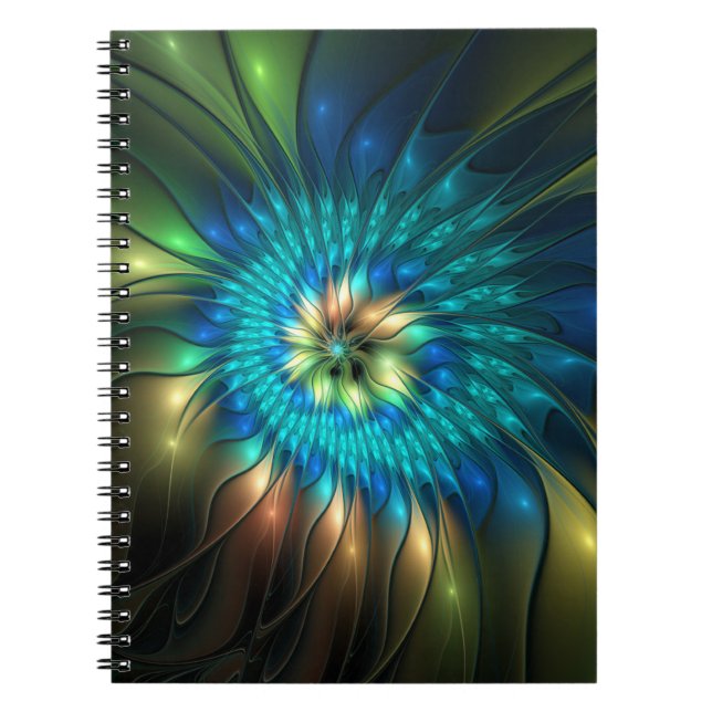 Caderno Espiral Luminosa Fantasia Flor, Colorida Abstrato Fractal (Frente)