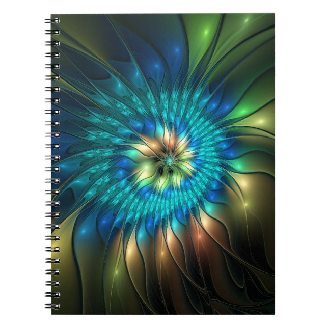 Caderno Espiral Luminosa Fantasia Flor, Colorida Abstrato Fractal (Frente)