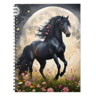 Caderno Espiral Lunar Elegância: Cavalo de Fantasia Negra com Lua