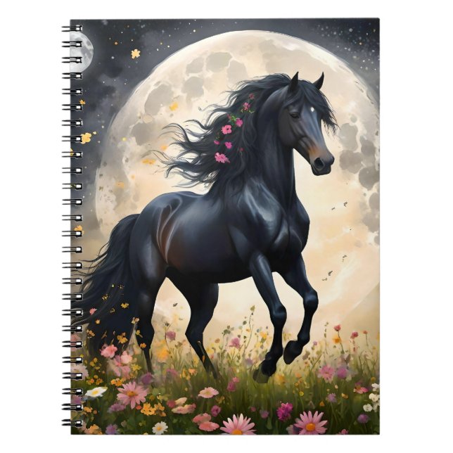 Caderno Espiral Lunar Elegância: Cavalo de Fantasia Negra com Lua (Frente)