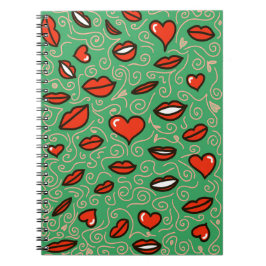 Caderno Espiral Lush Love: Red Lábios & Hearts Pop em Green