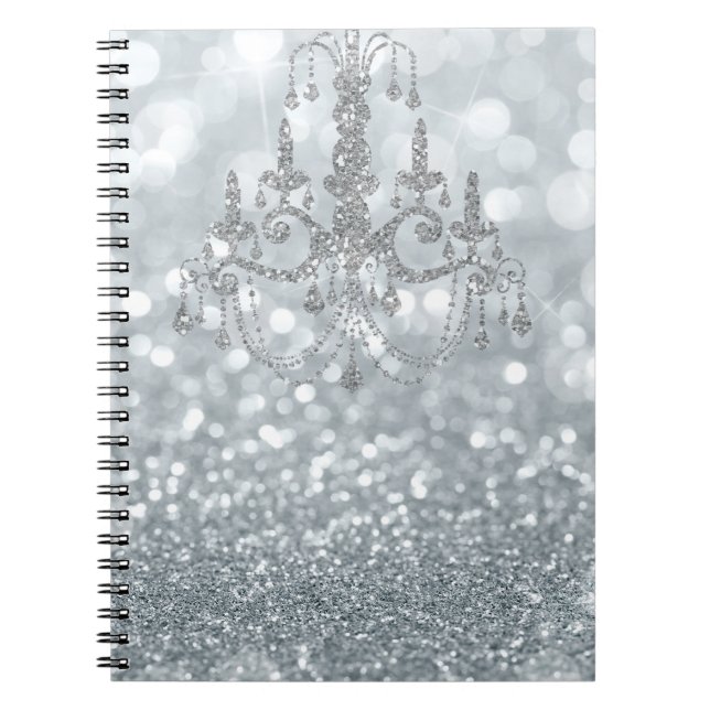 Caderno Espiral Lustre Prata Branco Brilho Glamour Candeeiro (Frente)