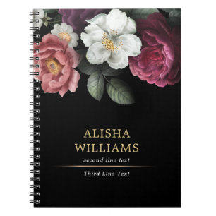 Caderno Espiral Luxo Floral Preto Personalizado