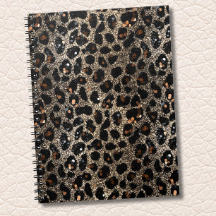 Caderno Espiral Luxo Glitter Marrom Preto Dourado Estampa Leopardo