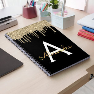 Caderno Espiral Luxo Preto Dourado Brilho Glam Monograma Nome