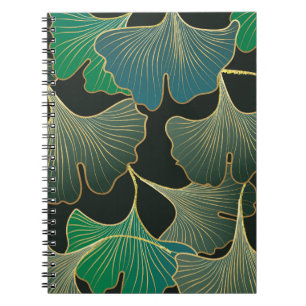 Caderno Espiral Luxuoso Ginkgo dourado, arte vintage.