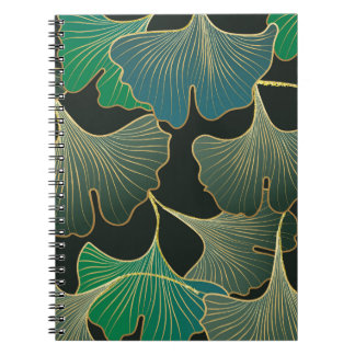 Caderno Espiral Luxuoso Ginkgo dourado, arte vintage.