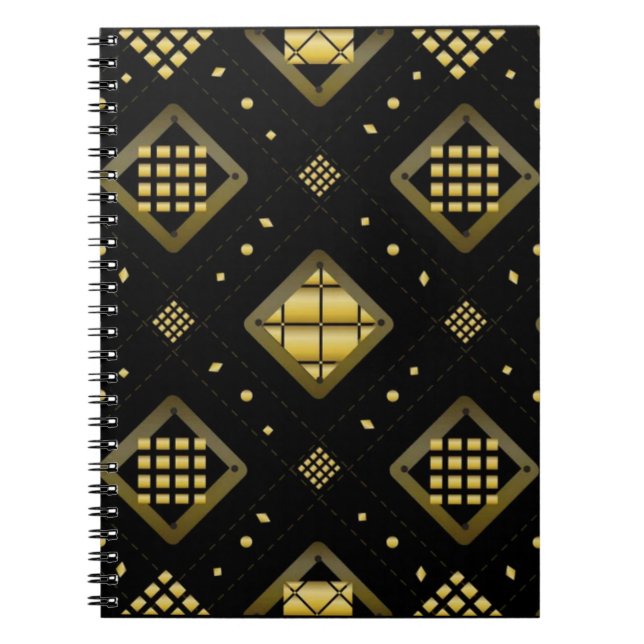 Caderno Espiral Luxury Gold Diamond Geometric Pattern on Black (Frente)