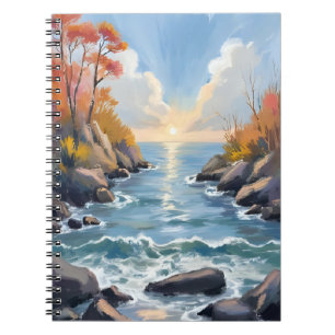 Caderno Espiral Luz do Sol no Rio de Outono Paisagem Aquarela