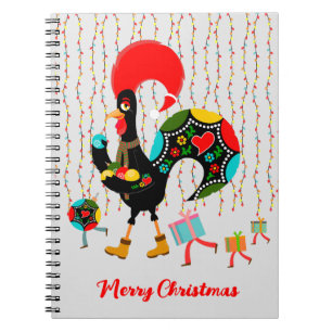 Caderno Espiral Luzes de Natal, baubles, presentes e galos