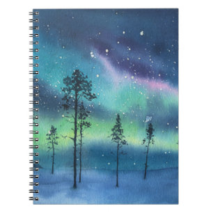 Caderno Espiral Luzes de norte, paisagem de aquarela