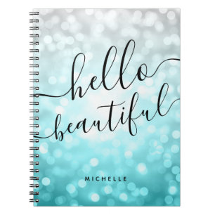 Caderno Espiral Luzes de Prata Teal Ombre "Olá, Bonita"