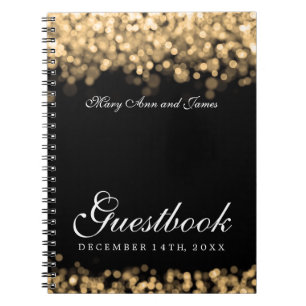 Caderno Espiral Luzes do ouro do Guestbook do casamento