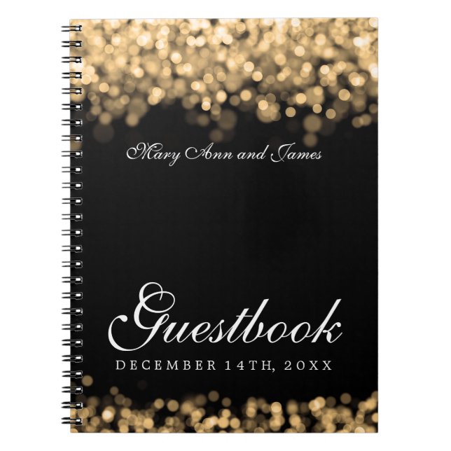 Caderno Espiral Luzes Douradas do Guestbook de Casamento (Frente)