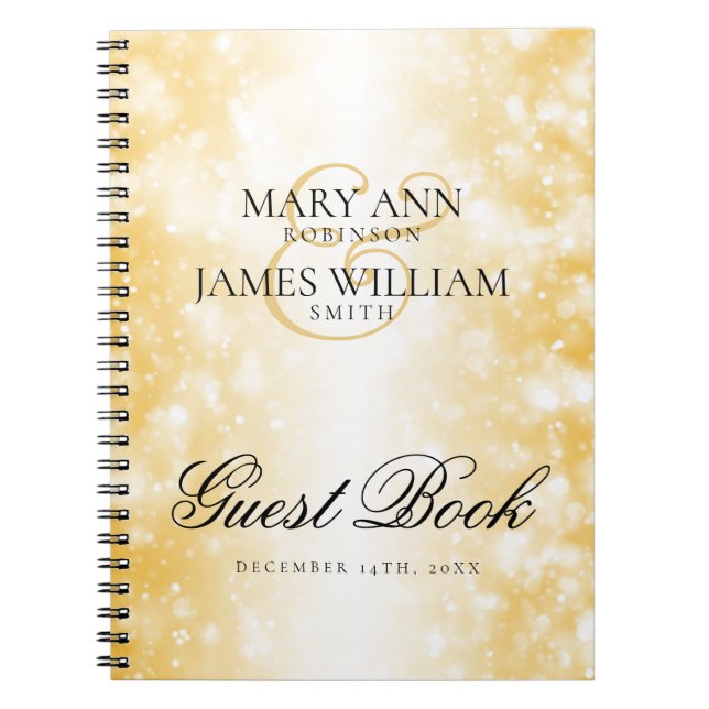 Caderno Espiral Luzes Dourados do Shimmer do Guestbook elegante do (Frente)