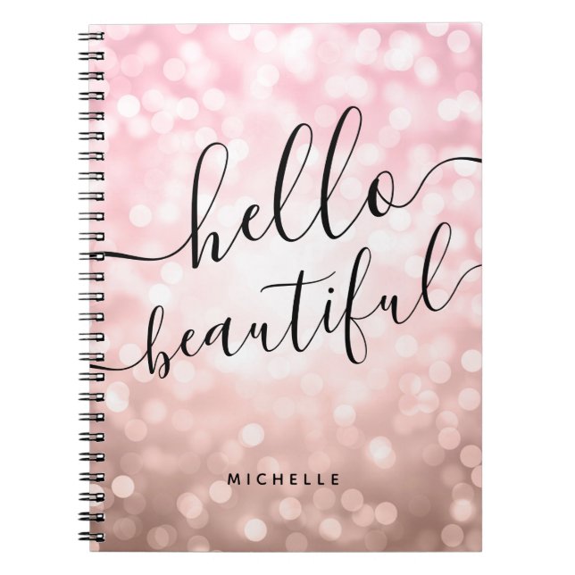 Caderno Espiral Luzes Rosa personalizadas Douradas "Olá Linda" (Frente)