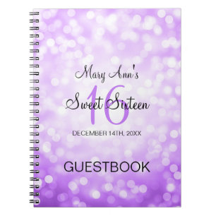 Caderno Espiral Luzes roxas do brilho do Guestbook do partido do
