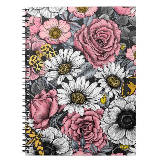 Caderno Espiral Luzes sobre mistura de flores em rosa e cinzas (Frente)