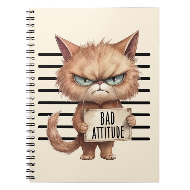 Caderno Espiral Má Atitude Cat Mugshot - Design Felino Engraçado (Frente)