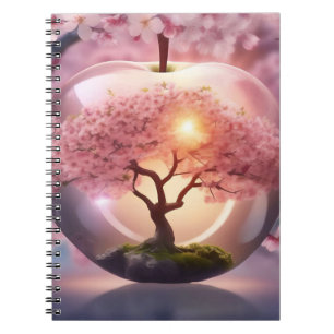 Caderno Espiral Maçã Rosa Translúcida Com Cena De Árvore De Maçã,