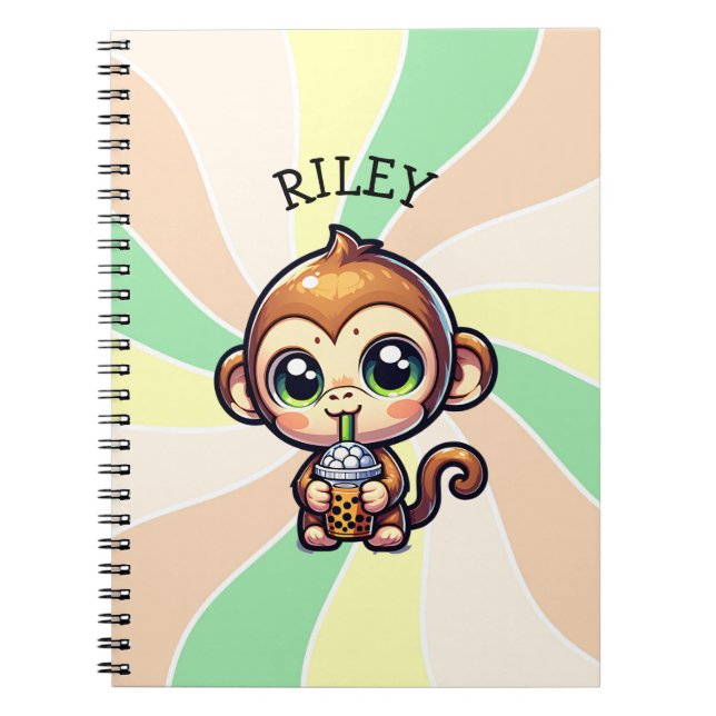 Caderno Espiral Macaco Kawaii bonito com chá de bolha personalizad (Frente)