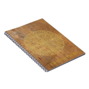 CADERNO ESPIRAL MADEIRA RUSTA COM OURO MANDALA - NOME