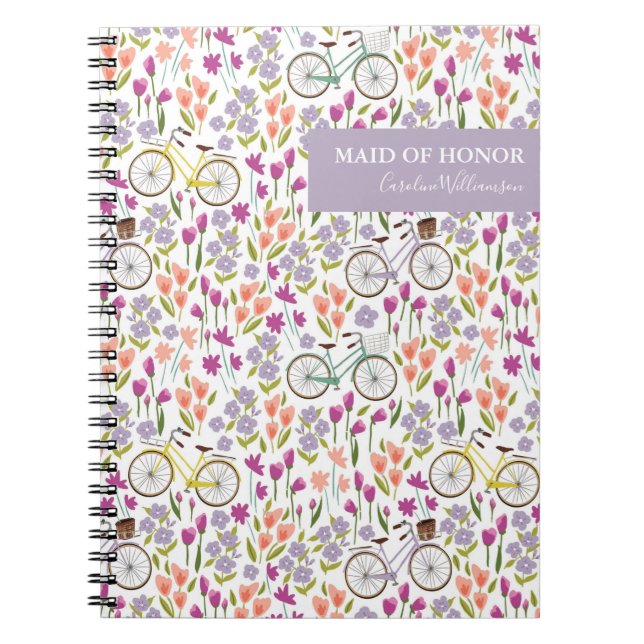 Caderno Espiral Madrinha de casamento Personalizada Floral da Bici (Frente)