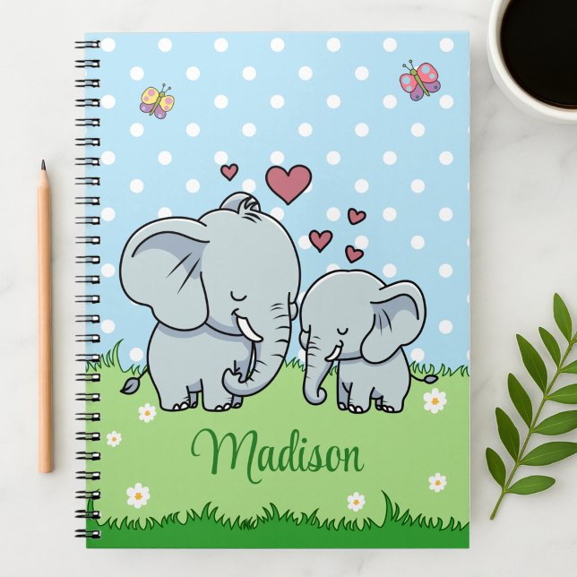 Caderno Espiral Mãe e Elefante Bebês Bonitos, Personalizados (Criador carregado)