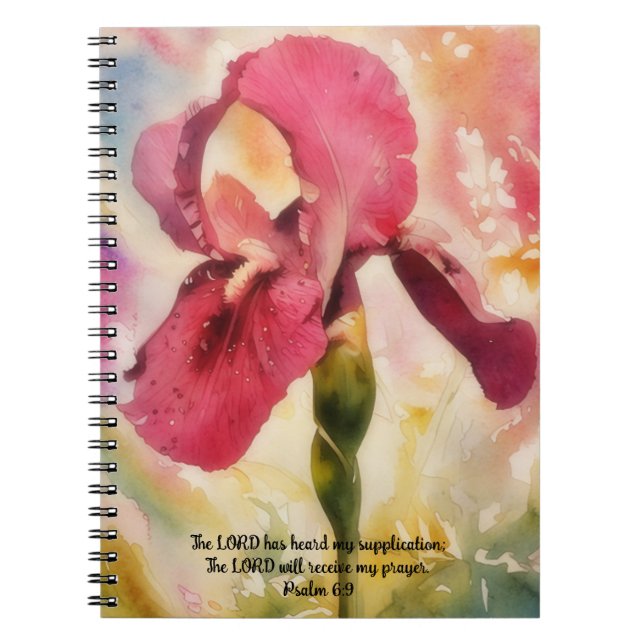 Caderno Espiral Magenta Pink Iris Flower Art Bible Verse Prayer (Frente)