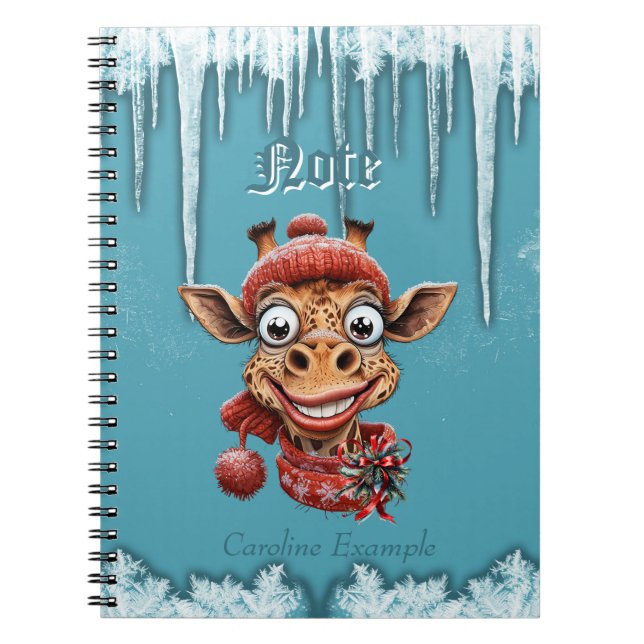 Caderno Espiral Magia de inverno com uma girafa de desenho animado (Frente)
