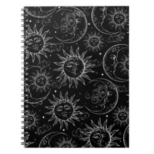 Caderno Espiral Magia Negra Antiga Sol Celestial Lua Estrelas