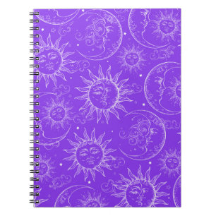 Caderno Espiral Magia Roxa Vintage Sol Lua Estrelas Celestiais