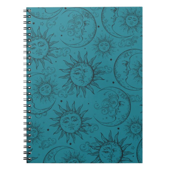 Caderno Espiral Magia Verde Antigo Celestial Sol Lua Estrelas (Frente)