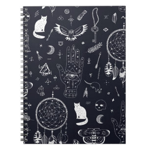 Caderno Espiral Mágica de Halloween: Padrão de Doodle Vintage.