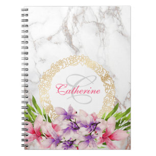 Caderno Espiral Magnolias de Aquarela na textura de mármore