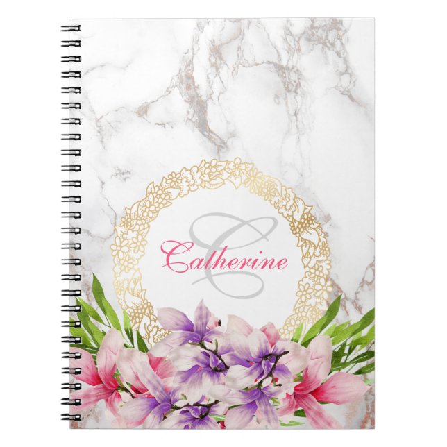 Caderno Espiral Magnolias de Aquarela na Textura Márabe Faux (Frente)
