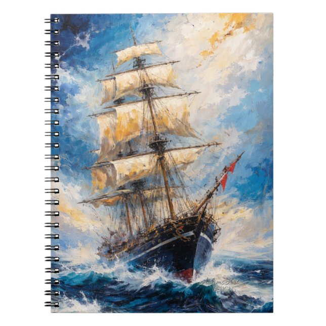 Caderno Espiral Majestic Tall Ship at Sea – Impressionist Nautical (Frente)