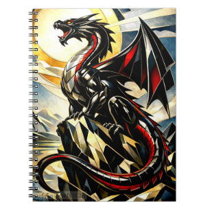 Caderno Espiral Majestoso Dragão Negro Sob o Sol Dourado